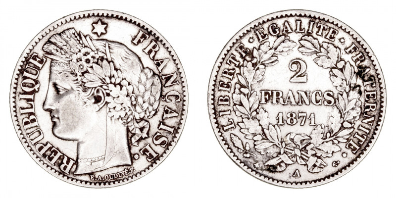 Monedas Extranjeras
Francia
2 Francos. AR. 1871 A. 9.86g. KM.817. Algo sucia. ...