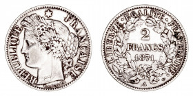 Monedas Extranjeras
Francia
2 Francos. AR. 1871 A. 9.86g. KM.817. Algo sucia. (MBC).