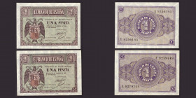 Billetes
Francisco Franco, Banco de España
1 Peseta. Burgos, 28 febrero 1938. Serie E. Lote de 2 billetes. ED.427a. Doblez central. (EBC-).