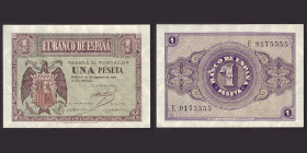 Billetes
Francisco Franco, Banco de España
1 Peseta. Burgos, 28 febrero 1938. Serie E. ED.427a. SC.