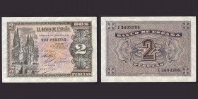 Billetes
Francisco Franco, Banco de España
2 Pesetas. Burgos, 30 abril 1938. Serie I. ED.429a. SC.