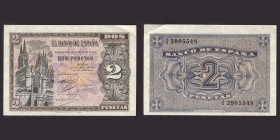 Billetes
Francisco Franco, Banco de España
2 Pesetas. Burgos, 30 abril 1938. Serie I. ED.429a. Pico superior doblado. (EBC+).