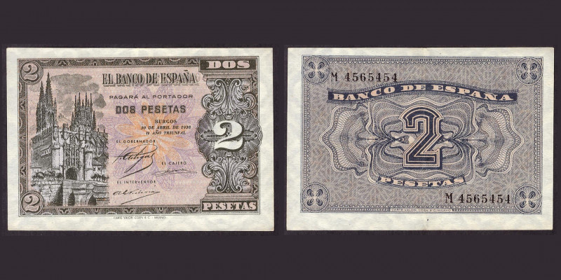 Billetes
Francisco Franco, Banco de España
2 Pesetas. Burgos, 30 abril 1938. S...
