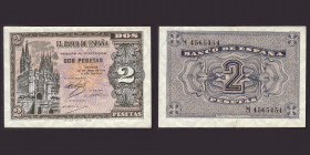 Billetes
Francisco Franco, Banco de España
2 Pesetas. Burgos, 30 abril 1938. Serie M. ED.429a. EBC-.
