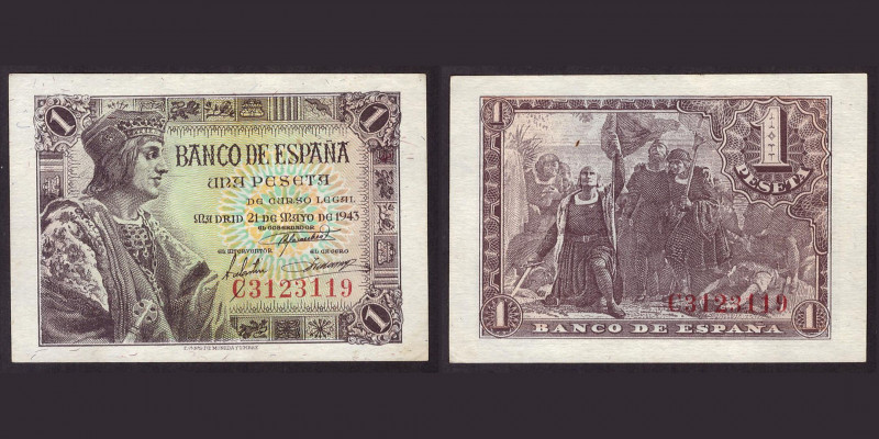 Billetes
Francisco Franco, Banco de España
1 Peseta. 21 mayo 1943. Serie C. ED...