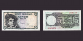 Billetes
Francisco Franco, Banco de España
5 Pesetas. 5 marzo 1948. Sin serie. ED.455. Ligeramente abarquillado, por lo demás magnífico ejemplar. (S...