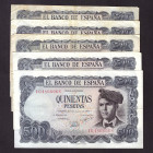 Billetes
Francisco Franco, Banco de España
500 Pesetas. 23 julio 1971. Lote de 5 billetes. Series. ED.473a. MBC a BC.