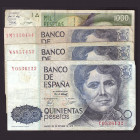 Billetes
Juan Carlos I, Banco de España
Lote de 4 billetes. 500 Pesetas 1979 (3) y 1000 Pesetas 1992. RC.