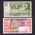 Billetes
Billetes Extranjeros
Holanda. Lote de 2 biilletes. 5 Gulden 1966 y 25 Gulden 1989. MBC.