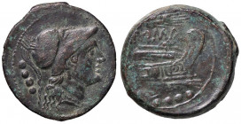ROMANE REPUBBLICANE - ANONIME - Monete con simboli o monogrammi (211-170 a.C.) - Triente - Testa di Minerva a d.; dietro, quattro globetti /R Prua di ...