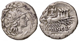 ROMANE REPUBBLICANE - GELLIA - Cn. Gellius (138 a.C.) - Denario - Testa di Roma a d. entro corona d'alloro /R Marte su quadriga a d. con la dea Nerio ...