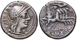 ROMANE REPUBBLICANE - PORCIA - M. Porcius Laeca (125 a.C.) - Denario - Testa di Roma a d. /R La Libertà in quadriga verso d. incoronata dalla Vittoria...