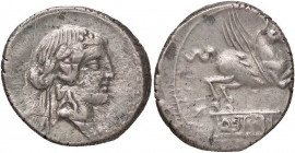 ROMANE REPUBBLICANE - TITIA - Q. Titius (90 a.C.) - Denario - Testa di Bacco a d. /R Pegaso in volo a d. B. 2; Cr. 341/2 (AG g. 3,97)
qBB/BB