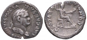 ROMANE IMPERIALI - Vespasiano (69-79) - Denario - Testa laureata a d. /R Vespasiano seduto a d. con scettro e ramo d'ulivo C. 364; RIC 77 (AG g. 3,16)...