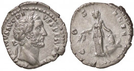 ROMANE IMPERIALI - Antonino Pio (138-161) - Denario - Testa laureata a d. /R L'Abbondanza stante a s. con delle spighe ed un modio su prua C. 983; RIC...