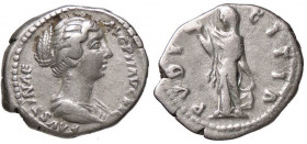 ROMANE IMPERIALI - Faustina II (moglie di M. Aurelio) - Denario - Busto drappeggiato e diademato a d. /R Il Pudore stante a s. C. 176; RIC A507 (AG g....