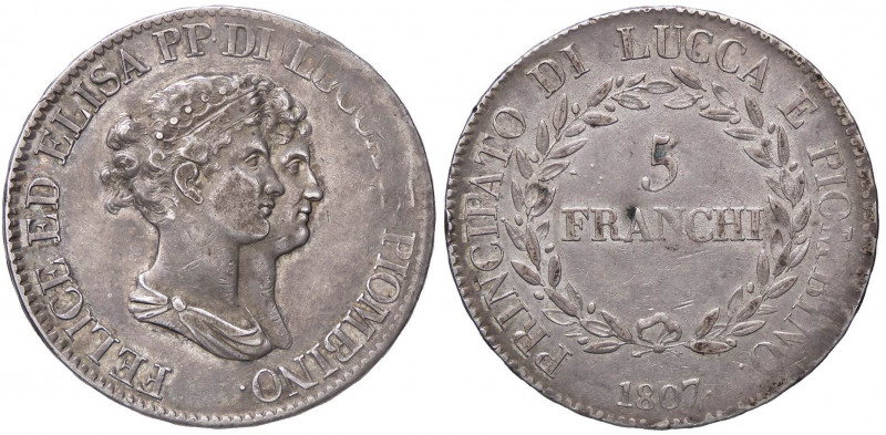 ZECCHE ITALIANE - LUCCA - Elisa Bonaparte e Felice Baciocchi (1805-1814) - 5 Fra...