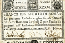 CARTAMONETA - STATO PONTIFICIO - Banco di S. Spirito di Roma (1786-1796) Tagli da 5 a 100 scudi Gav. 12 R 8 scudi Pieghe
BB