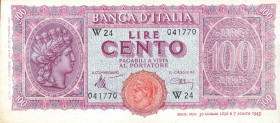CARTAMONETA - BANCA d'ITALIA - Luogotenenza (1944-1946) - 100 Lire - Italia Turrita 10/12/1944 Alfa 3sp; Lireuro 25Aa RR Sostitutiva da W1 a W118
SPL...