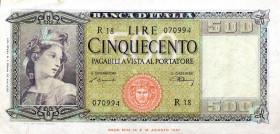 CARTAMONETA - BANCA d'ITALIA - Repubblica Italiana (monetazione in lire) (1946-2001) - 500 Lire - Italia 20/03/1947 Alfa 544; Lireuro 39A Einaudi/Urbi...