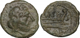 Hispania. Carteia. AE Semis, 1st century BC. Obv. Head of Jupiter-Saturn right. Rev. Prow right; above, M SEP; before, S; below, [K]AR. Burgos 996; P....