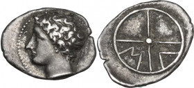 Celtic World. Gaul, Massalia. AR Obol, 4th-3rd century BC. Obv. Head of river god Lacydon left. Rev. M A within wheel of four spokes. SNG Cop. 723-727...