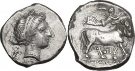 Greek Italy. Central and Southern Campania, Neapolis. AR Didrachm, c. 300 BC. Obv. Head of nymph right; behind neck, Artemis, holding two torches, run...