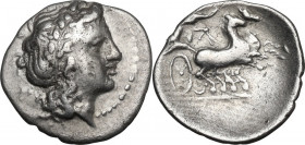 Greek Italy. Southern Apulia, Neapolis. AR Triobol, c.300-275 BC. Obv. Laureate head of Apollo right. Rev. Victory driving biga right. HN Italy 580; S...