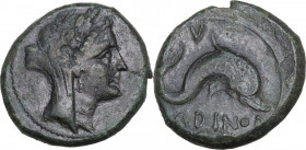Greek Italy. Eastern Italy, Larinum. AE Sextans, 250-225 BC. Obv. Laureate and veiled head of Thetis right. Rev. [L]ADINOD. Dolphin right; above V, [b...