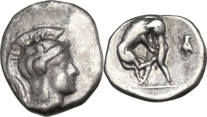 Greek Italy. Northern Apulia, Teate. AR Diobol, c. 325-275 BC. Obv. Head of Athe...