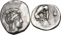 Greek Italy. Northern Apulia, Teate. AR Diobol, c. 325-275 BC. Obv. Head of Athena right, wearing crested Corinthian helmet. Rev. Herakles fighting th...