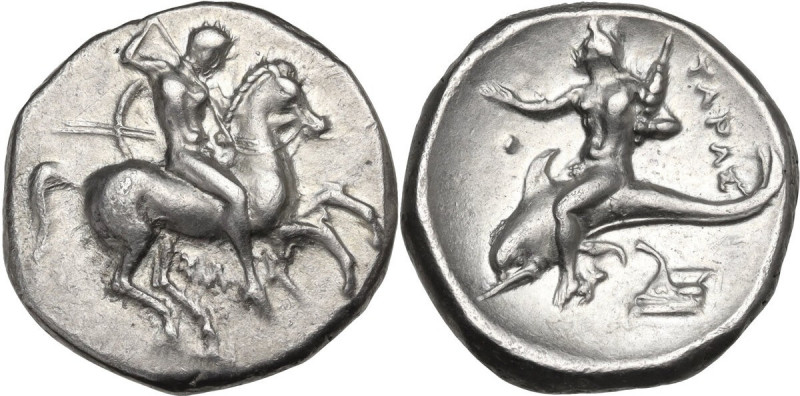 Greek Italy. Southern Apulia, Tarentum. AR Nomos, c. 325-281 BC. Obv. Warrior, h...