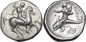 Greek Italy. Southern Apulia, Tarentum. AR Nomos, c. 325-281 BC. Obv. Warrior, holding shield and two spears, preparing to cast a third, on horseback ...