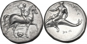 Greek Italy. Southern Apulia, Tarentum. AR Nomos, Sa- and Kon- magistrates, c. 332-302 BC. Obv. Nude youth on horseback riding right, crowning himself...