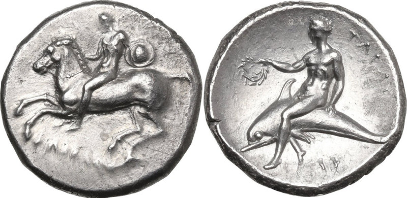 Greek Italy. Southern Apulia, Tarentum. AR Nomos, c. 281-270 BC. Obv. Rider on h...
