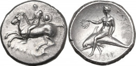 Greek Italy. Southern Apulia, Tarentum. AR Nomos, c. 281-270 BC. Obv. Rider on horseback left, holding shield in left hand; [ΣΙ] in right field, ΦΙΛΟΚ...