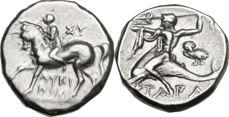 Greek Italy. Southern Apulia, Tarentum. AR Nomos, c. 272-240 BC. Obv. Youth on h...