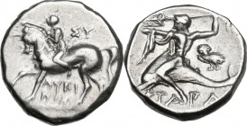 Greek Italy. Southern Apulia, Tarentum. AR Nomos, c. 272-240 BC. Obv. Youth on horseback left, crowning horse; ΣY behind; ΛYKI/NOΣ below. Rev. Phalant...