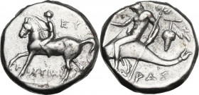 Greek Italy. Southern Apulia, Tarentum. AR Nomos, c. 272-240 BC. Histiar-and Eu-magistrates. Obv. Youth on horseback left, crowning horse with wreath;...