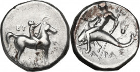 Greek Italy. Southern Apulia, Tarentum. AR Nomos, 272-235 BC. The Roman alliance. Obv. Horse right, crowned by jockey; to left, ΕΥ; below, [ΞΕΝΕ]; in ...