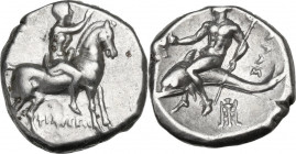 Greek Italy. Southern Apulia, Tarentum. AR Nomos, c. 272-240 BC. Philiskos, magistrate. Obv. Youth on horseback right, raising hand; ΦIΛIΣKOΣ below. R...