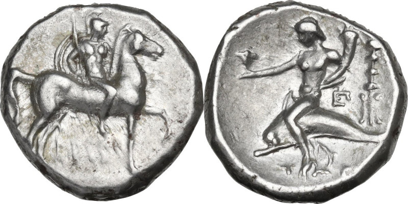 Greek Italy. Southern Apulia, Tarentum. AR Nomos, c. 281-240 BC. Obv. Warrior on...