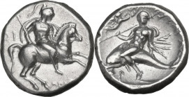 Greek Italy. Southern Apulia, Tarentum. AR Nomos, c. 272-240 BC. Obv. Warrior on horseback right, holding shield and spear; ΔI behind, AΠOΛ[Λ/ΩNIOΣ] b...
