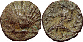 Greek Italy. Southern Apulia, Tarentum. AE 13mm, circa 275-200 BC. Obv. Shell. Rev. Phalanthos, holding kantharos and cornucopiae, on dolphin left. HN...