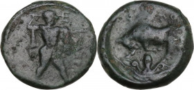 Greek Italy. Northern Lucania, Posidonia. AE 12.5 mm. c. 420 -390 BC. Obv. Poseidon walking right, brandishing trident. Rev. Bull butting left; octopu...
