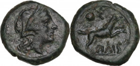 Greek Italy. Northern Lucania, Paestum. AE Sescuncia. Second Punic War, 218-201 BC. Obv. Head of Ceres right. Rev. Dog running right; above, pellet an...