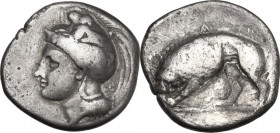 Greek Italy. Northern Lucania, Velia. AR Didrachm, c. 334-300 BC. Obv. Helmeted head of Athena left; monogram behind neck. Rev. Lion left, tearing pre...