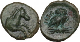 Greek Italy. Southern Lucania, Heraclea. AE 14 mm. c. 276-250 BC. Obv. Forepart of a horse right. Rev. HPA. Owl standing right, head facing, on thunde...