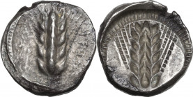 Greek Italy. Southern Lucania, Metapontum. AR Stater, circa 470-440 BC. Obv. META (retrograde). Six-grained barley ear; dotted border on raised rim. R...