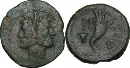 Greek Italy. Southern Lucania, Copia. AE As, after 192 BC. Obv. Laureate and bearded head of Janus; above, I. Rev. Cornucopiae filled with fruit; I (m...